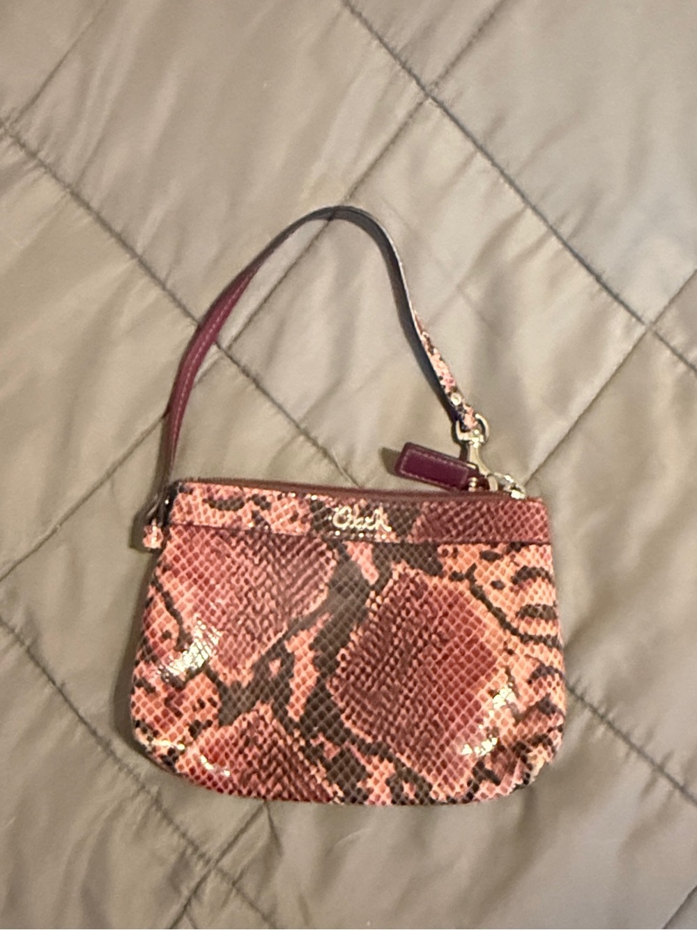 Coach Pink Snake-Print Wristlet with Gold Hardware